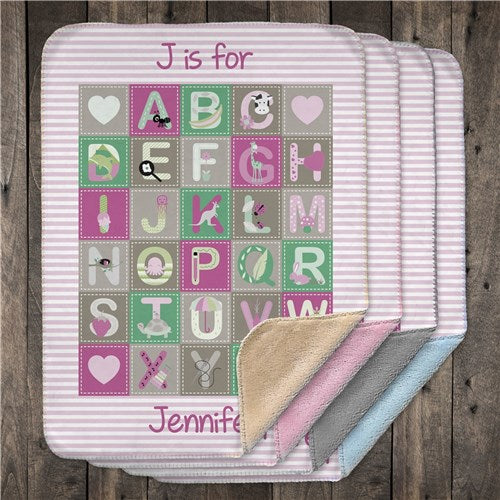 Alphabet Soft Sherpa Personalized Blanket in Pinks - Simply Unique Baby Gifts