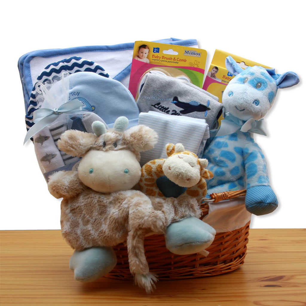 Deluxe Giraffe Themed Basket in Blue - Simply Unique Baby Gifts
