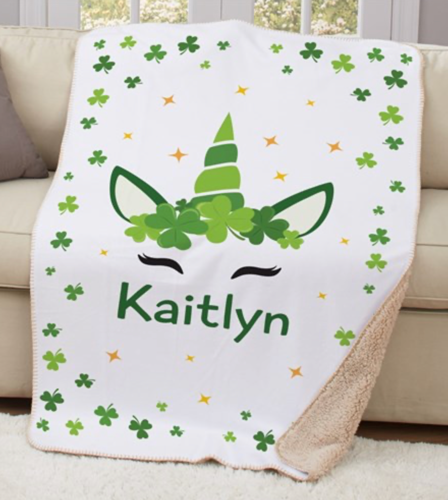 🍀 Personalized St. Patrick’s Day Unicorn Sherpa Blanket 🌈🦄