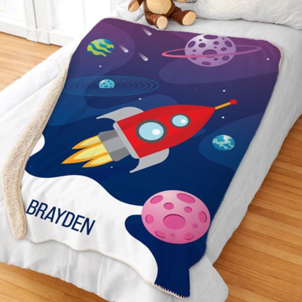 🚀 Personalized Outer Space Rocket Sherpa Blanket 🌌✨