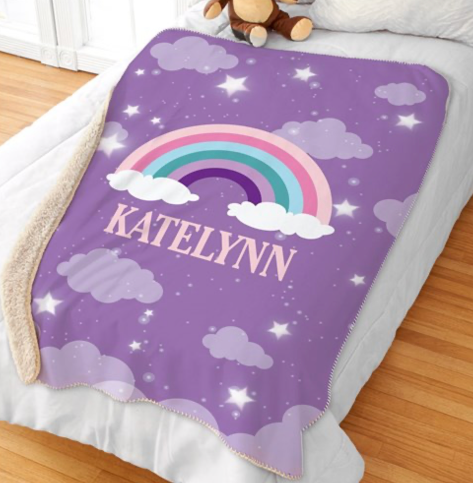 🌈 Personalized Rainbow, Stars & Clouds Sherpa Blanket ☁️✨