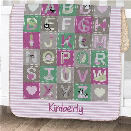 Alphabet Soft Sherpa Personalized Blanket in Pinks Unique Baby