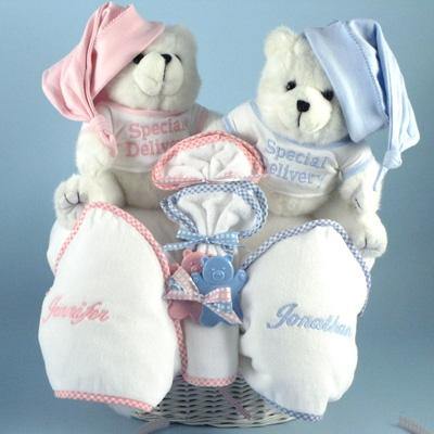 Personalized Twin Teddy Bears Ensemble - Simply Unique Baby Gifts