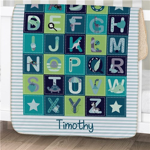 Alphabet Soft Sherpa Personalized Blanket in Blues - Simply Unique Baby Gifts