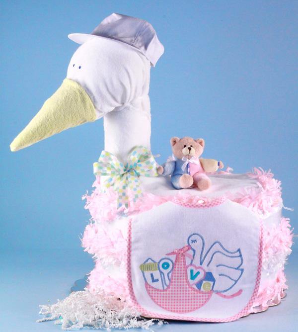 Stork Themed in Pink Diaper Cake - Simply Unique Baby Gifts