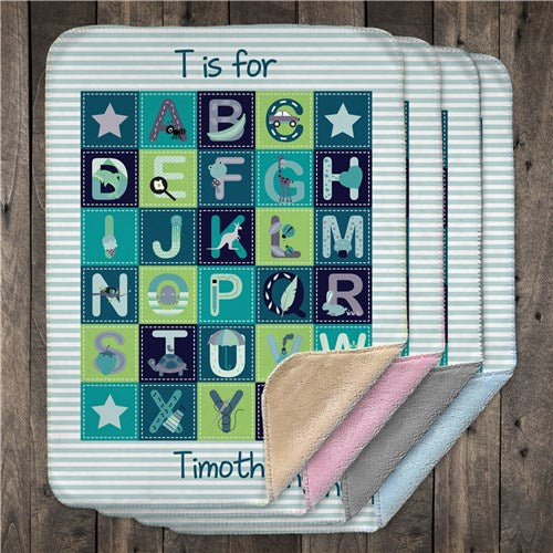 Alphabet Soft Sherpa Personalized Blanket in Blues - Simply Unique Baby Gifts